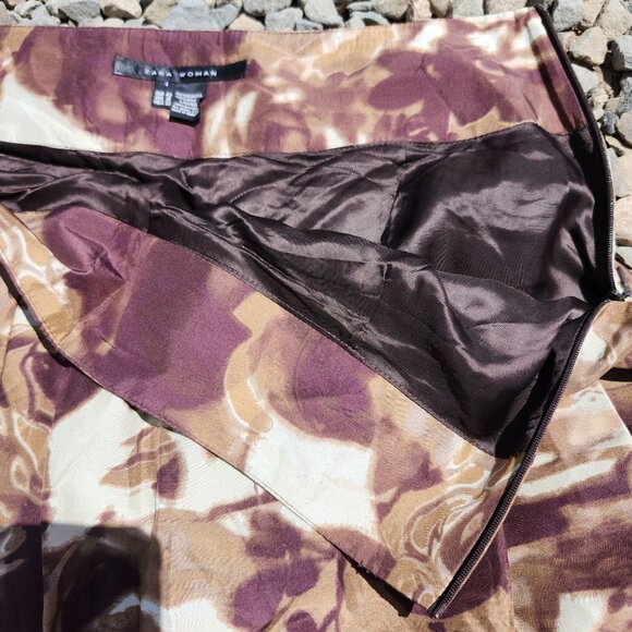 Zara Woman Size 10 (EUR 42) Floral Silk Skirt Pleated Fully Lined Brown/Cream - Picture 4 of 6